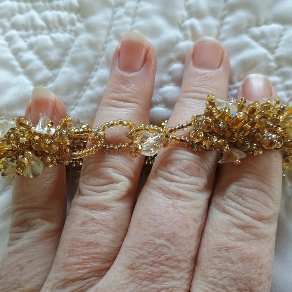 Vintage, Artisan, Czech, Handmade, Topaz, Amber & Gold Crystal Beaded Bracelet